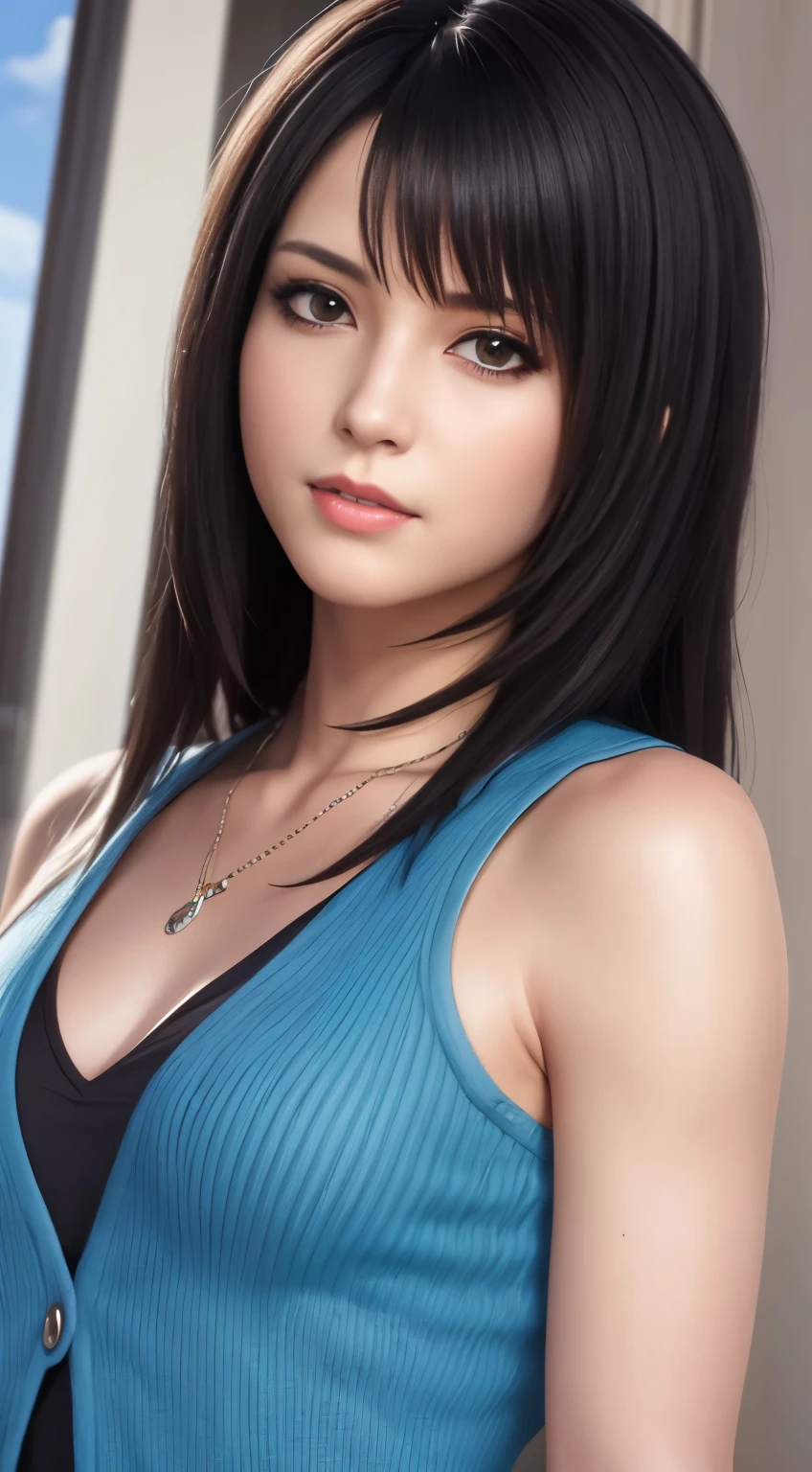 rinoa, blue duster, blue wristbands, holding necklace, half body, unparalleled masterpiece, ultra realistic 8k CG, perfect artwork, clean, beautiful face, pure face, pale skin, intricate detail, prestige, gorgeous, luxury, fancy ballroom