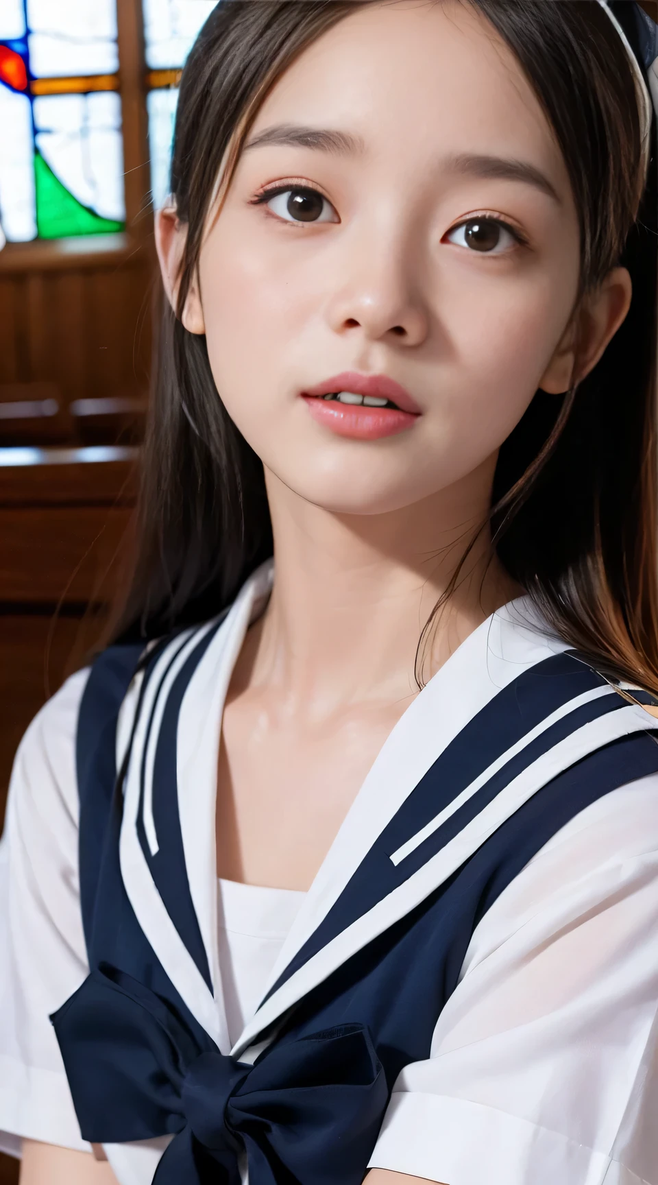 (((Draw only one woman: 2))), Beautiful 18 year old Japan woman, (A high school girl wearing a sailor uniform with short sleeves and a ribbon: 1.5), (Japan strict girls' school sailor uniform), ( High school girl sitting in the church pew: 1.2), (Beautiful and elaborate stained glass on the background: 1.5), ((1screen)), 8K, RAW shot, top quality photo, masutepiece, Amazing realism photos, (lighting like a movie:1.5), Cute woman like an idol in Japan, Detailed face, Detailed eyes, Narrow Nose, Detailed skin, (Beautiful long hair: 1.5), ((facial close-up:1.8)), ssmile