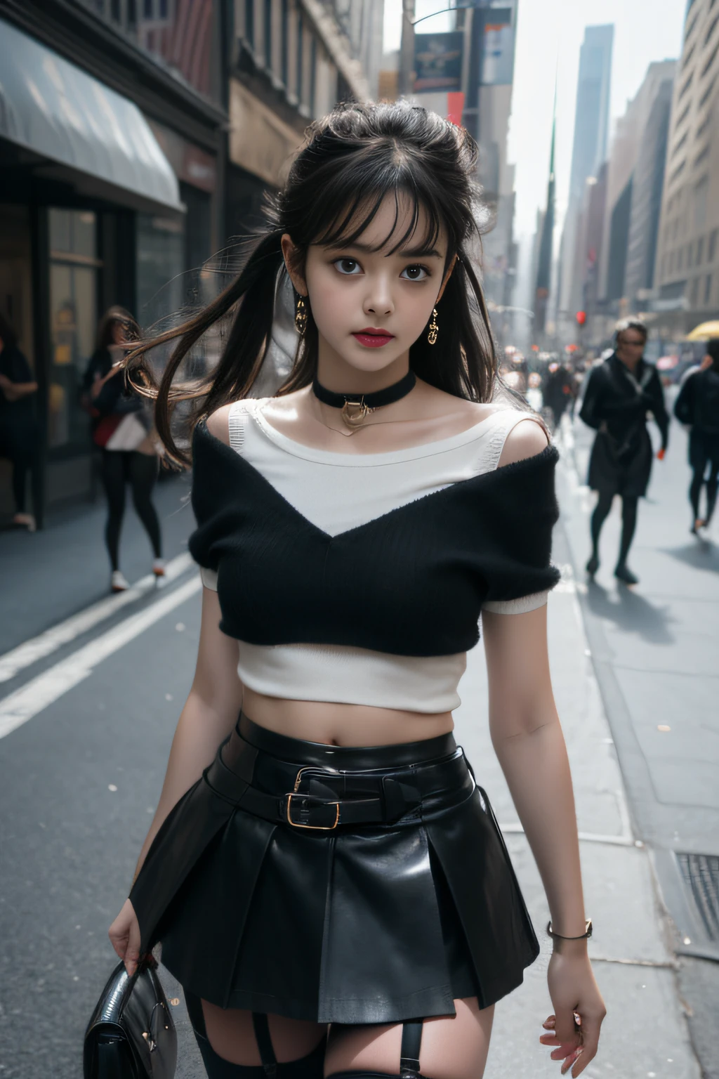 ( girl walking down the street in new york)，Charming eyes，Heartwarming action，Turn your face away from the camera，stooped，Bend over，turn back，Look up at your head，(thick and long black hair),(poneyTail)、Highly detailed body，Highly detailed face，best qualtiy、(P boobs iNK underwear)、(Black Leather Jumper)、(Off-shoulder flower T-shirt),　(The navel is visible),　(Black Leather Mini Skirt),　((Lack of black garter and garter belt stockings,high-heels)、