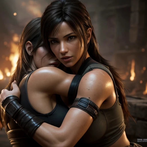 Tifa Lockheart hugging Lara Croft, (skin texture:1.1), (high detail face:1.1), high detail body, high detail clotheasterpiece), (realistic), ultra high definition, 4k, ultra high resolution, photo by Arny Freytag