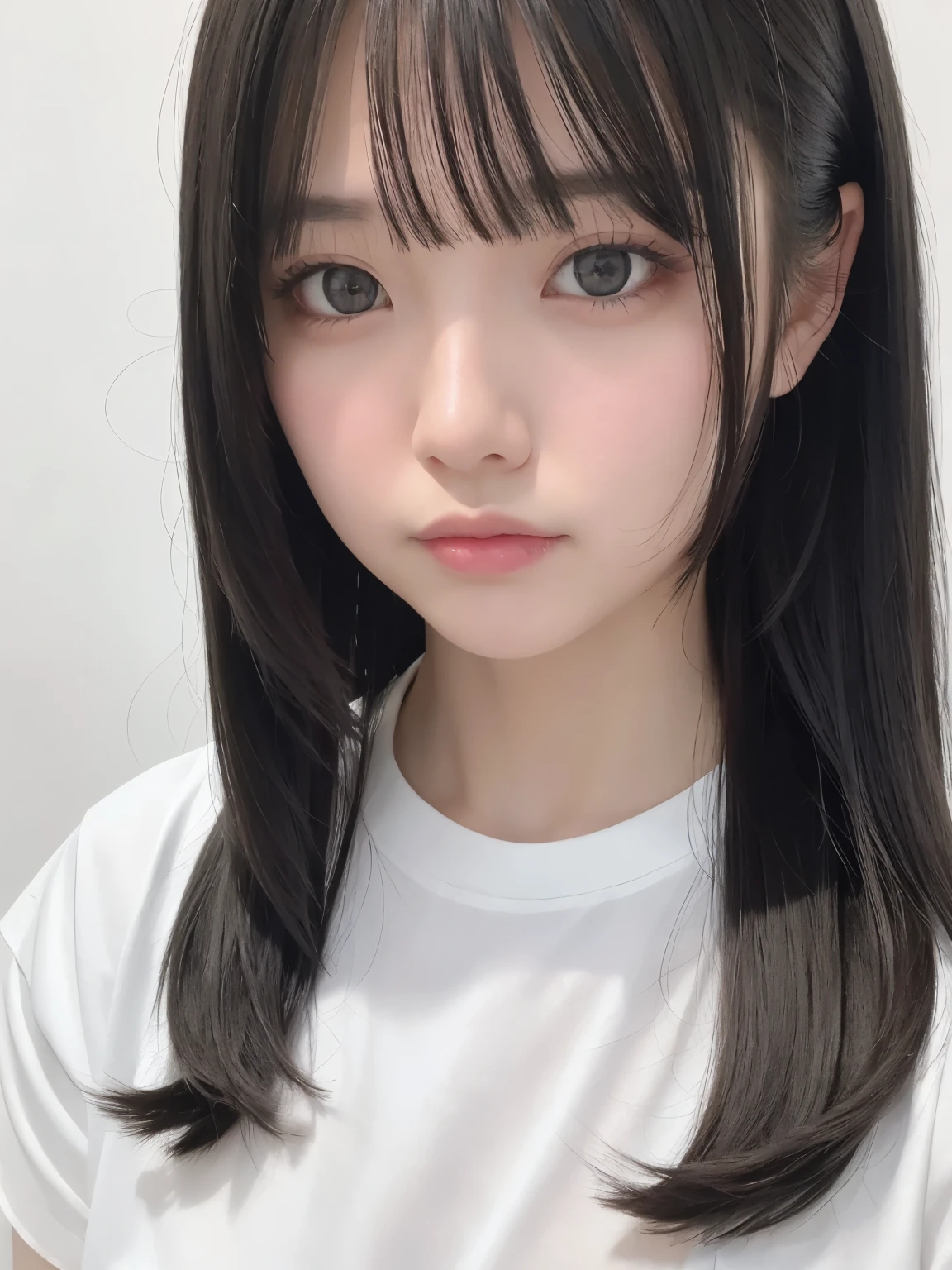 masterpiece, best quality,1girl, solo, black hair, realistic, long hair, bangs, closed mouth, upper body, hime cut, portrait, white background, white shirt