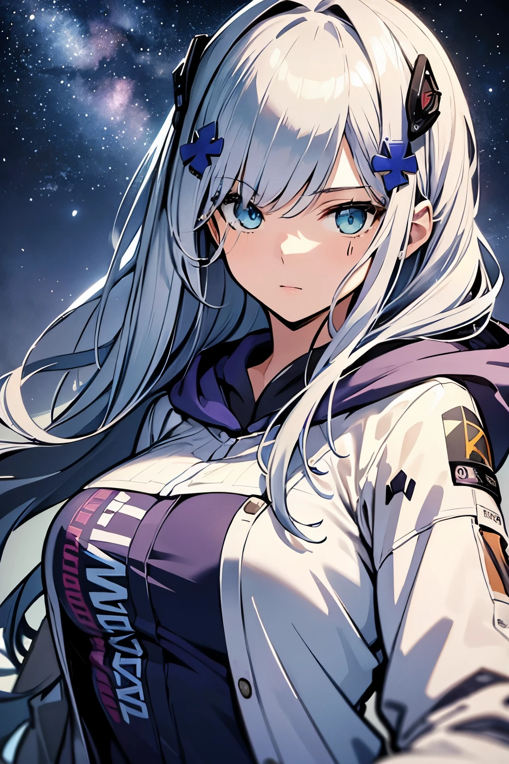 (best quality:1.3), (masterpiece:1.3), (illustration:1.3), (ultra-detailed:1.3), (imid shot:0.9), 1girl, Long hair, white hair, ((blue eyes)), purple hoodie, looking at viewer, white jacket, medium breasts, HK416Clukay, upper body, night sky, stars