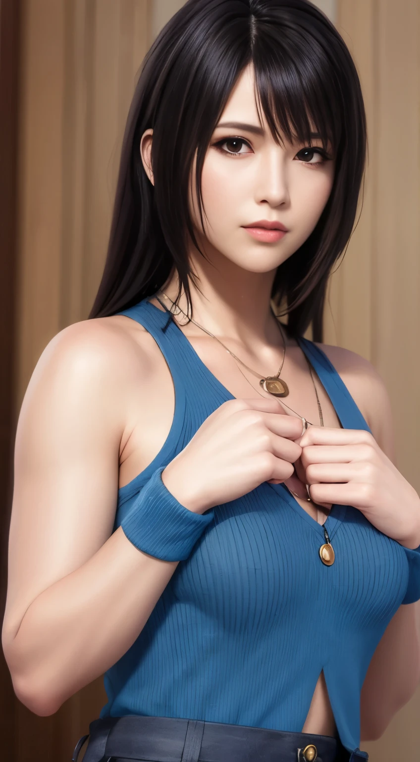 rinoa, blue duster, blue wristbands, holding necklace, half body, unparalleled masterpiece, ultra realistic 8k CG, perfect artwork, clean, beautiful face, pure face, pale skin, intricate detail, prestige, gorgeous, luxury, fancy ballroom