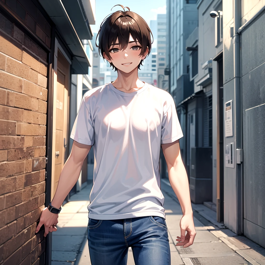 1boy, solo, mature male, straight hair, short hair, brown hair, hazel eyes, white t-shirt, blue jeans, standing, looking at viewer, smile