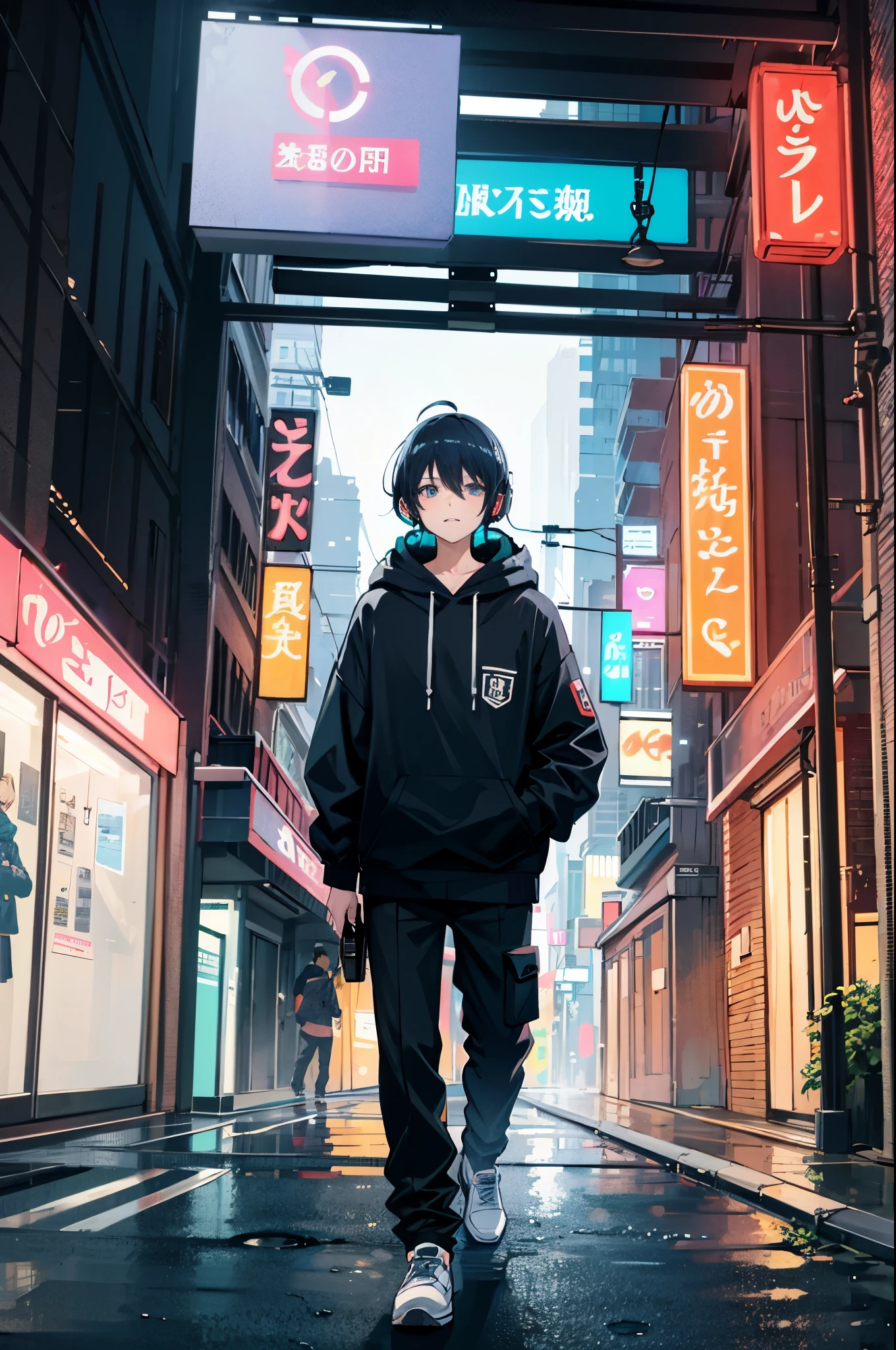masutepiece, anime boys only, Incredibly absurd, Hoodie, headphones, Street, plein air, Rain, neons, Cyberpunk City, neons lights.
