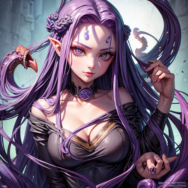 A hyper-realistic depiction of Medusa, the Gorgon from Greek mythology. She has a fierce and beautiful face, and when she smiles, her sharp fangs are visible. Her hair is composed of the heads of live snakes, and each snake has a realistic texture. A tongue protrudes from the serpent's mouth. Her skin is pale and black with intricate patterns that add to her menacing appearance. The background is dark and blurred, emphasizing her striking features. A close-up of her face and upper body focuses on her expression and the detail in the snake's fur.