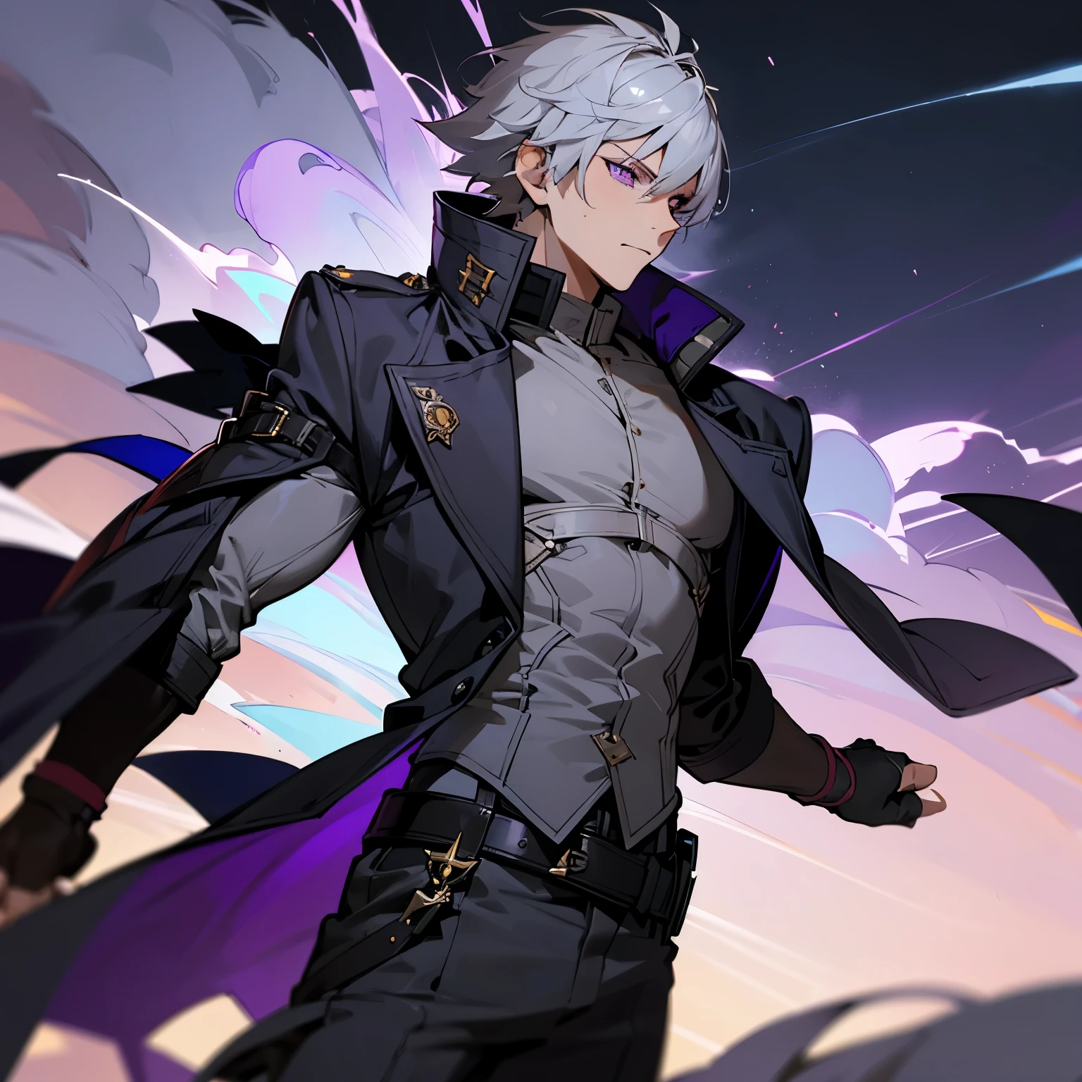 masterpiece, best quality, 1boy, grey hair, open clothes, coat, fingerless gloves, belt, detailed eyes, purple eyes, (night:1.4), natural light, thunder , calm face, looking ahead, male focus, muscles, movie composition, deth of field, fighting pose, explosions, upper, lightning everywhere