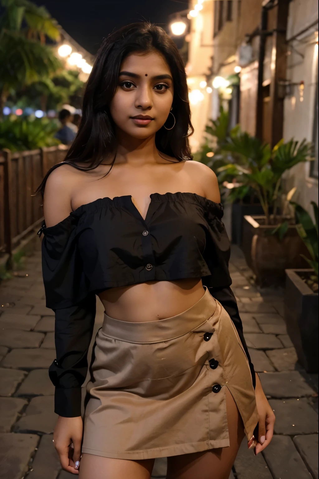 An Indian dusky girl, age of 24, photo for Instagram, night outdoors, wearing off-shoulder top with front button skirt, looking gorgeous, Meera Nayak, extra brown, brown girl, dusky girl, shot in the night, night background and lights