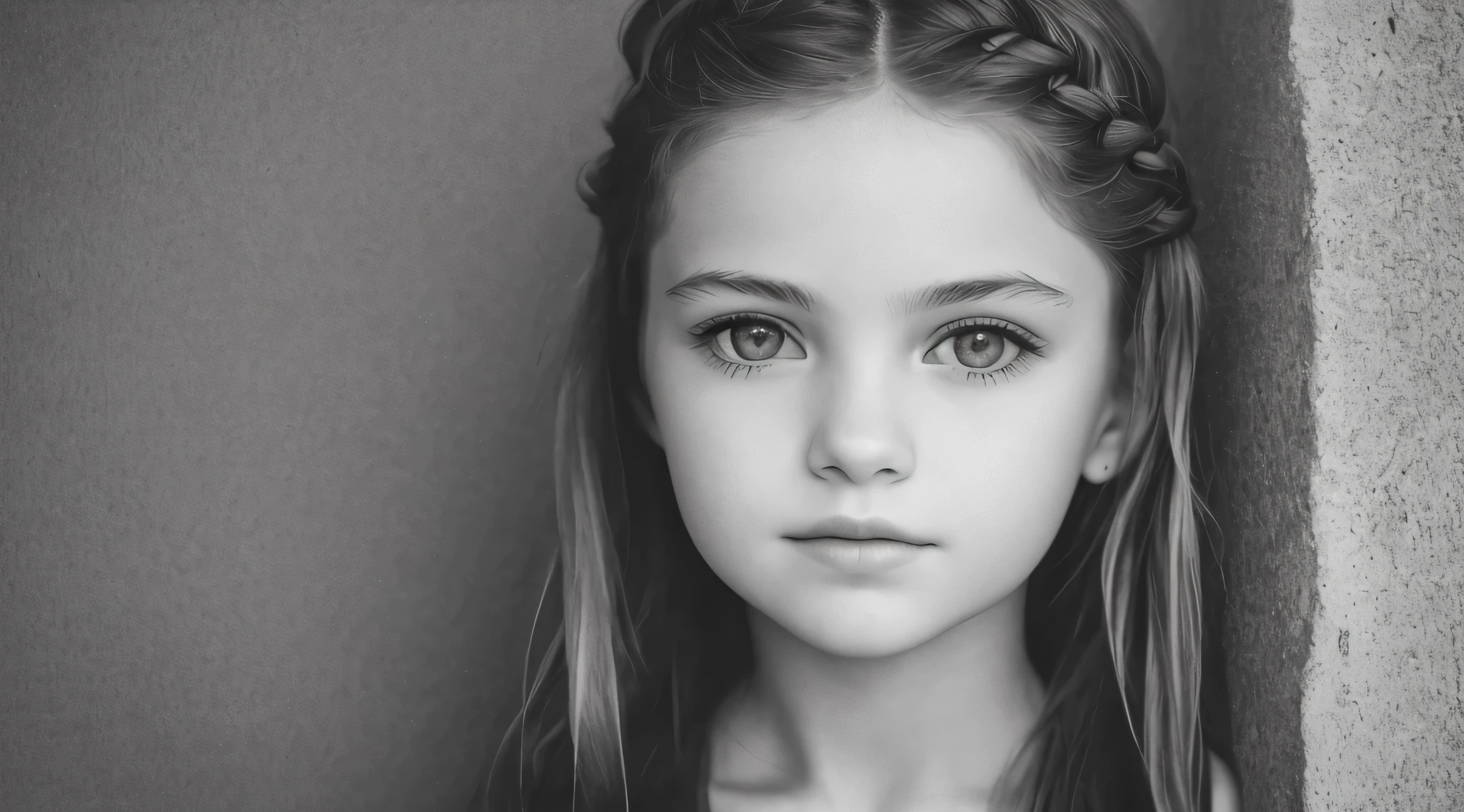 ((Masterpiece, Superb, Super Detailed, High Resolution)), solo, beautiful girl RUSSIAN CHILD IN BRAIDS , bright eyes, perfect eyes, 15 years, black and white gold theme,