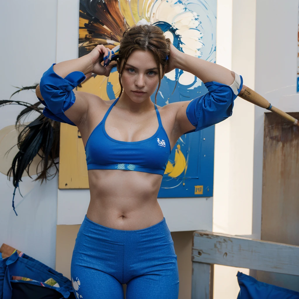 female supermodel. paintbrush in left hand. Apple painting. Blue sports bra and blue leggings