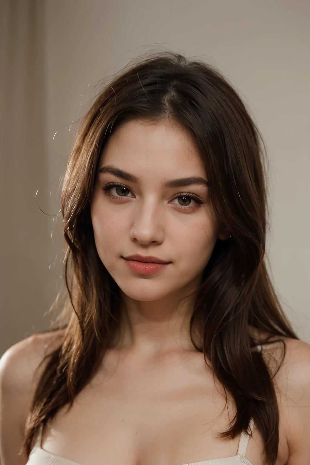 High-resolution portrait photograph of a young woman with chestnut brown, medium-length hair styled in a casual manner. Her complexion is fair with a subtle warm undertone, flawless and exhibiting a natural glow. She has a serene and composed expression with a slight, confident smile. Her eyes are a deep hazel, framed by long, curled lashes coated with black mascara, and her eyebrows are neatly groomed and naturally arched. The woman's nose is elegantly slender, complementing her full lips that are tinted with a matte brick red lipstick. She dons a minimalist, solid-colored top, which suggests a relaxed yet stylish appearance. The background is a soft, uniform light beige, providing a neutral backdrop that accentuates her features. The lighting is soft and diffused, mimicking the gentle illumination of the golden hour, which enhances the contours of her face and adds depth to the photograph.