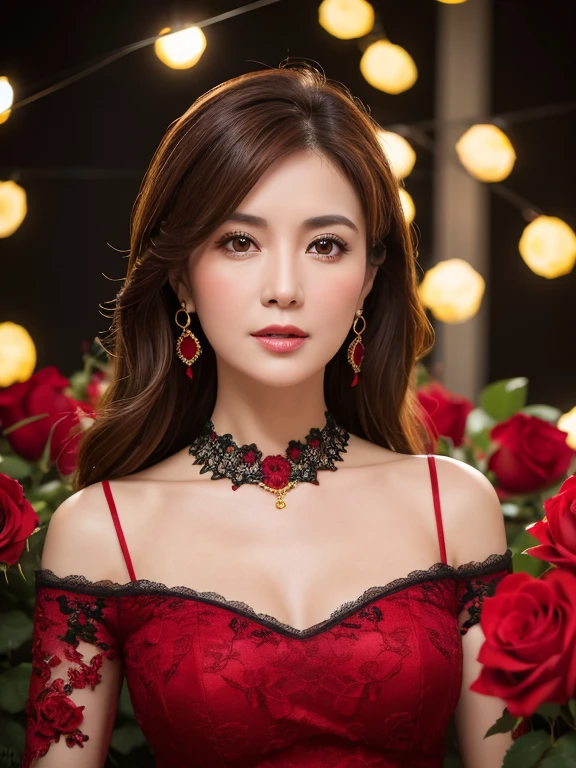 (highest quality,4k,8k,High resolution,table top:1.2),Super detailed,(realistic,realistic,Photoreal:1.37),Beautiful expressive eyes,length eyelashes,thick and beautiful lips,hair and face details,friendly smile,Clean and perfect skin,(lives in my chest ),length,(earrings, lace choker, stylish dark red nightdress),Bright interior,