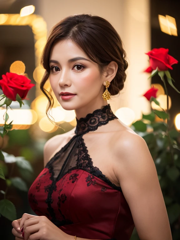 8K, Raw photo, Fuji Film, Style photo of beautiful 45 year old woman, Square face, Red roses on the neck, Wearing red and black lace dress, Golden earrings, Powerful features like a spinning pigeon, (highly detailedskin: 1.2), Medium brown hair with lights, Film grain, 35 mm, cute-style