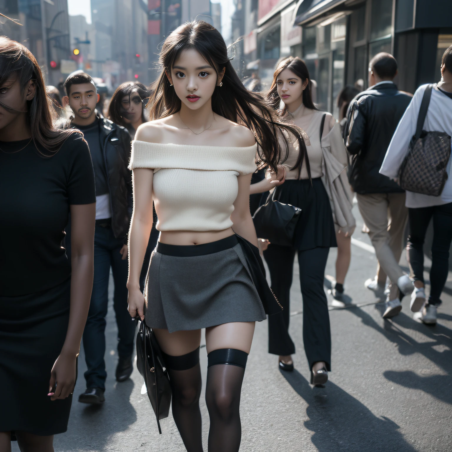 ( girl walking down the street in new york),Charming eyes,Heartwarming action,Turn your face away from the camera,stooped,Bend over,turn back,Look up at your head,(thick and long black hair),(poneyTail)、Highly detailed body,Highly detailed face,best qualtiy、(P boobs iNK underwear),(Black Leather Jumper)、(Off-shoulder flower T-shirt),(The navel is visible),(Black Leather Mini Skirt),(black garters、Garterbell Rack Stocking Rack High Heels)、8K、raw 、top-quality)。(realisitic、Photorealsitic:1.25)。。cute little。1 female、profetional lighting。Photon mapping。Radio City。。Office Casual。。micromini skirt。The tips of the are sticking out。The shape of the。You can see the cleavage well。Chest wide open。gals。Lots of lashes。Pure black eyeshadow。Pitch black lip。Pitch black heels。A slender。