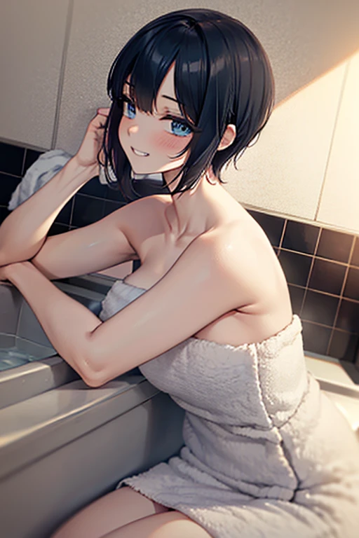 Highest Quality, ​masterpiece, unbelievably beautiful, very delicate 8k wallpaper, Transcendently Beautiful Girl, (beautifully detailed eyes), BREAK, (pixie cut hair:1.3), Black hair, BREAK, Flat_Chest, Huge_breasts, wide_lower back, grin, long eyelashes, makeup, BREAK, (Five Fingers, 4fingers and 1thumb), sitting, (no clothes), BREAK, (bathroom, bathtub, large, bubble bath:1.3), naked, (soaking in the bath:1.3), (stretching arm:1.5), (blush:1.3), smile, (squinting eyes:1.3), humid, (Drawing a bathtub from the side:1.5), foam covered bathtub, Soak in the bathtub up to your chest, BREAK, (naked towel:1.4), (white towel:1.3), (fluffy towel:1.7), (cleavage:1.1), hands behind head, wet skin, wet hair,