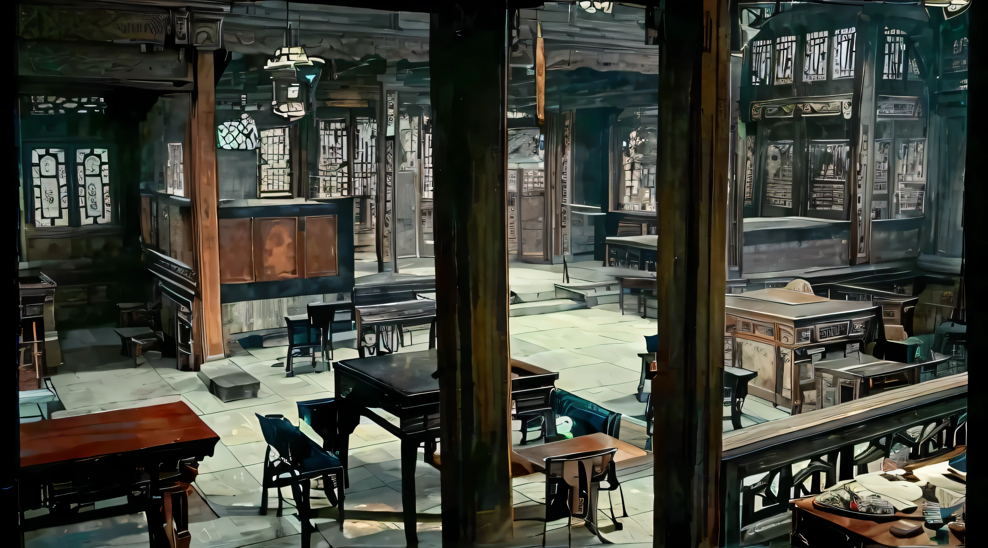 The room has large windows,there are many tables and chairs, widescreen lens, cinematic environment设计, Visually stunning scene, movie screen shot, movie establishing shot, 《Kola Legend》Airs, 详细的Cinema lenses, Opening scene, immensely detailed scene, cinematic environment, A cinematic scene, screenshots from movies, Cinema lenses, Detailed set design, Realistic establishing shot,