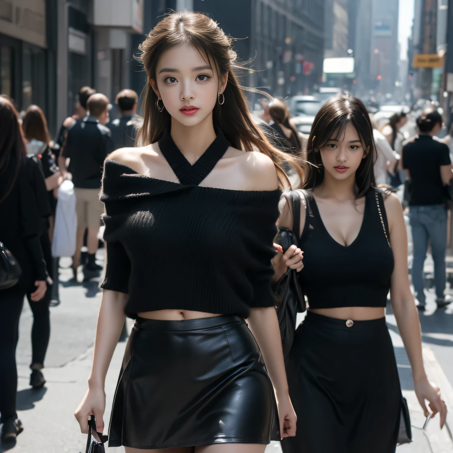 ( girl walking down the street in new york),Charming eyes,Heartwarming action,Turn your face away from the camera,stooped,Bend over,turn back,Look up at your head,(thick and long golden hair),(poneyTail)、Highly detailed body,Highly detailed face,best qualtiy、(P boobs iNK underwear),(Black Leather Jumper)、(Off-shoulder flower T-shirt),(The navel is visible),(Black Leather Mini Skirt),(black garters、Garterbell Rack Stocking Rack High Heels)、8K、raw 、top-quality)。(realisitic、Photorealsitic:1.25)。。cute little。1 female、profetional lighting。Photon mapping。Radio City。。Office Casual。。micromini skirt。The tips of the are sticking out。The shape of the。You can see the cleavage well。Chest wide open。gals。Lots of lashes。Pure black eyeshadow。Pitch black lip。Pitch black heels。A slender。