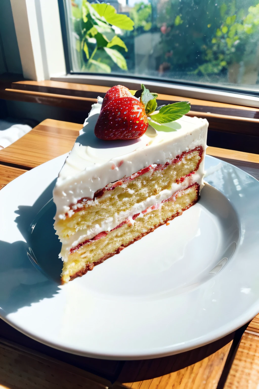 in a coffee shop,porcelain plate on wooden table,There is a piece of strawberry cream cake on the porcelain plate,There is a vase on the table,put flowers,And coffee,The best composition,There is warm light,triangular composition,closeup cleavage,Place the cake in the middle,Coffee diagonally behind,Flowers in the back,depth of fields,There are no strawberries growing on the flowers,Cake close up,Zoom in to see details,Realistic light and shadow,8K HD images,The background is a glass window,sunny flowers,There is coffee next to the cake,Latte,There is milk foam