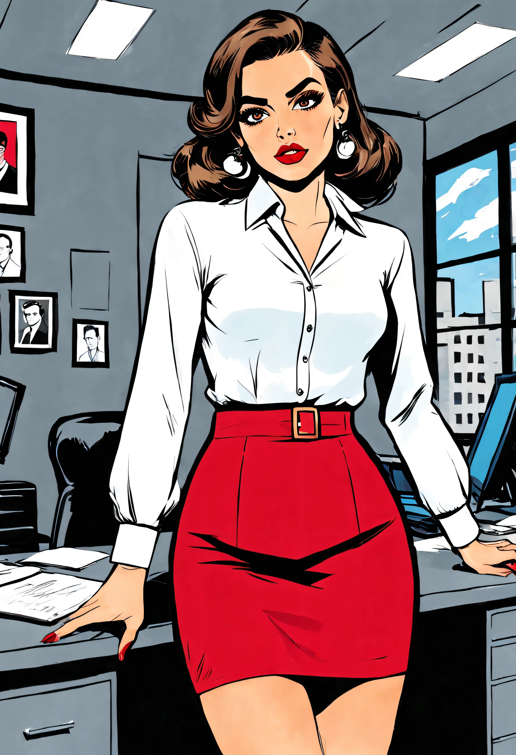 secretaria sexy con estilo pop art, plano entero, La protagonista es Lola, a flawless looking woman with brown hair, expressive brown-lined eyes and intense red lips. Viste un uniforme de secretaria con una falda ajustada y corta de color rojo y una camisa escotada y con botones desabrochados con elementos modernos, utilizando colores vibrantes como el rojo, blanco y negro. Lleva medias negras, tacones rojos y un collar de perlas. Usa anteojos formulados de color negro que le dan un toque intelectual y sofisticado a su look. El fondo es blanco y contrasta con los colores vibrantes de Lola y su vestuario.