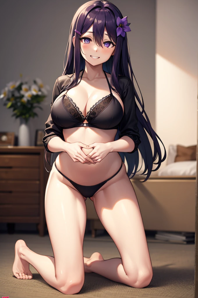 ((full body:1.4)), ddlcyuri, ddlcyuri, hair ornament, hairclip, long hair, (purple eyes:1.1), purple hair, grin, smile, hair over eyes, ((kneeling:1.4)), ((black bikini with flowers:1.4)), ((big breasts:1.4)),
BREAK looking at viewer, BREAK indoors, livingroom background, BREAK (masterpiece:1.2), best quality, high resolution, unity 8k wallpaper, (illustration:0.8), (beautiful detailed eyes:1.6), extremely detailed face, perfect lighting, extremely detailed CG, (perfect hands, perfect legs, perfect feets, perfect anatomy),