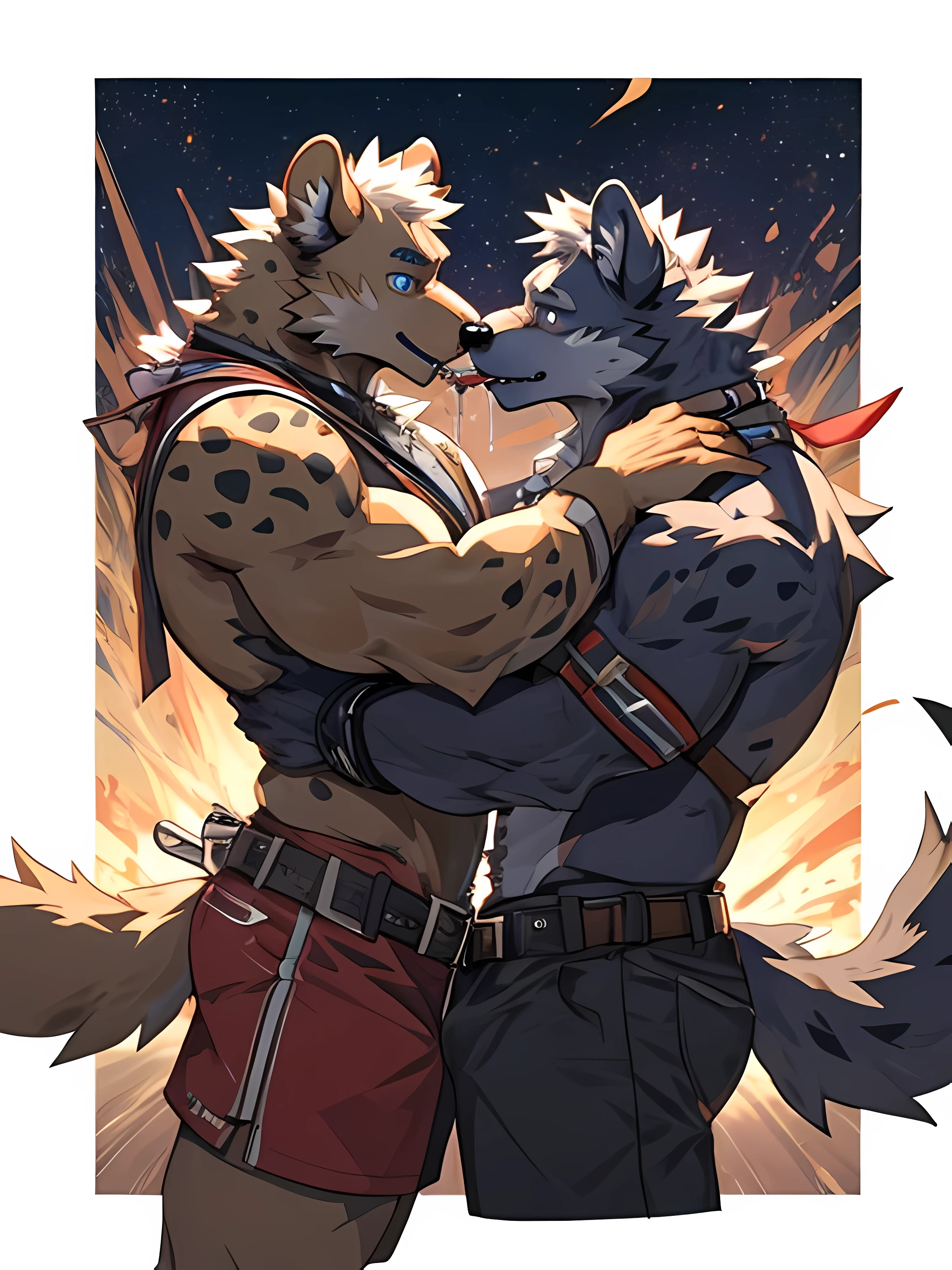 wolf, kemono, bara, licking, duo, kissing, saliva, arm hug, portrait, nude, <3