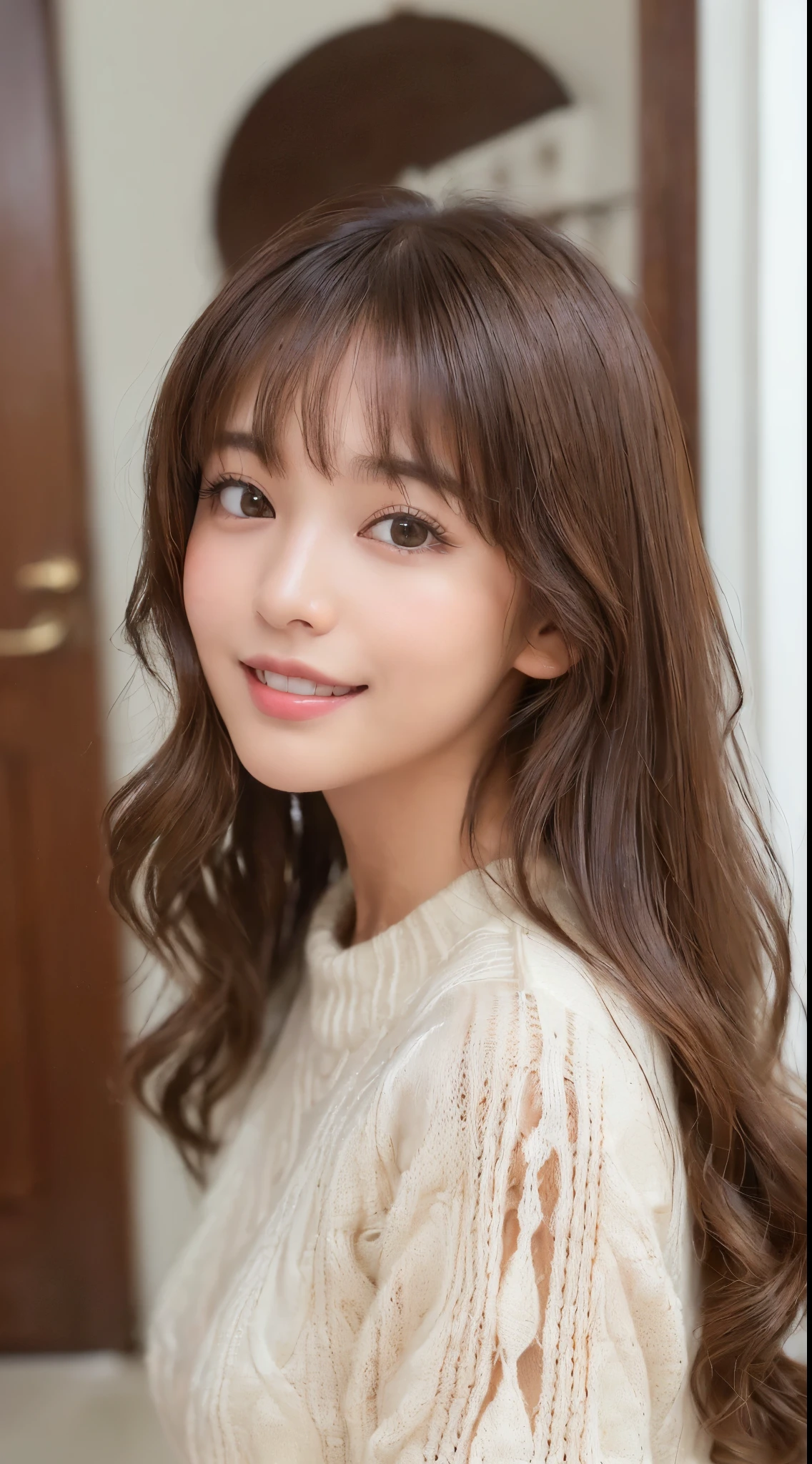 ((Brown hair、curlyhair、With bangs⦆、((Selfie 1.6))⦅smile1.6⦆、Raw photography、((Tanned skin 1.6))、the front、close - up face、⦅Looking at the camera⦆、(((Portrait of extreme beauty)))、女の子1人、Beautiful 17 year old woman from Japan、bright expression、Beautiful bangs、Hair between the eyes、((masterpiece、top-quality、ultra-detailliert、intricate-detail、hight resolution、ighly detailed))、细致背景、8KUHD、Digital SLR、In the apartment、knitted sweater