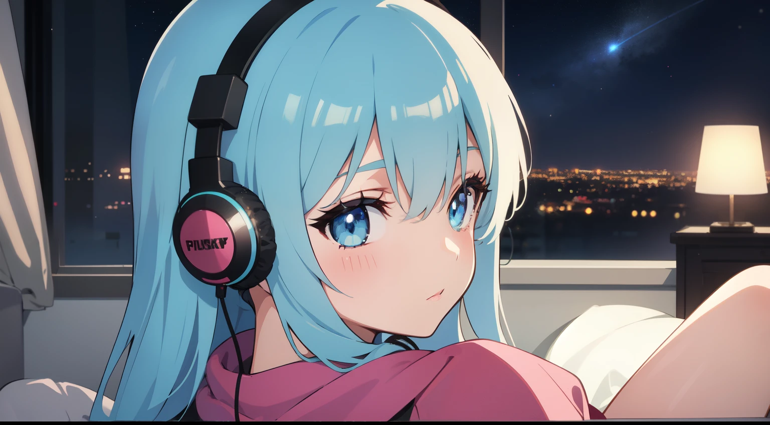 a girl with light blue eyes listening to music with headphones sitting in her room, night many stars in the sky, Anime 2D, Anime Ultra 4K