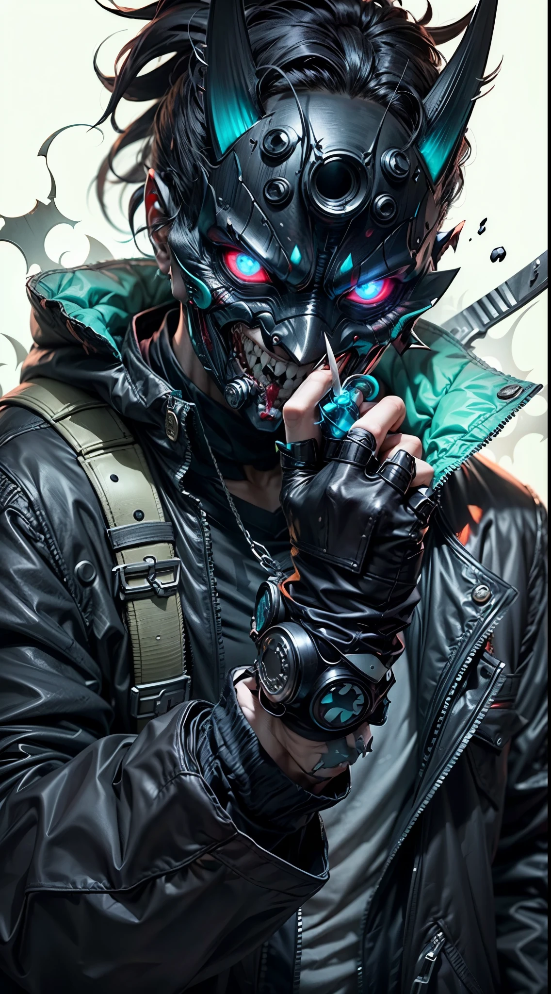 a boy with a demonic face, joker laugh and a black jacket holding a knife, ken kaneki, cyberpunk horror style, with red glowing eyes, kaneki ken, tokyo ghoul, with glowing red eyes, dark and horror style, epic anime style, by Yang J, evil smile and glowing eyes, anime cyberpunk art, he's very menacing and evil, by Yuumei