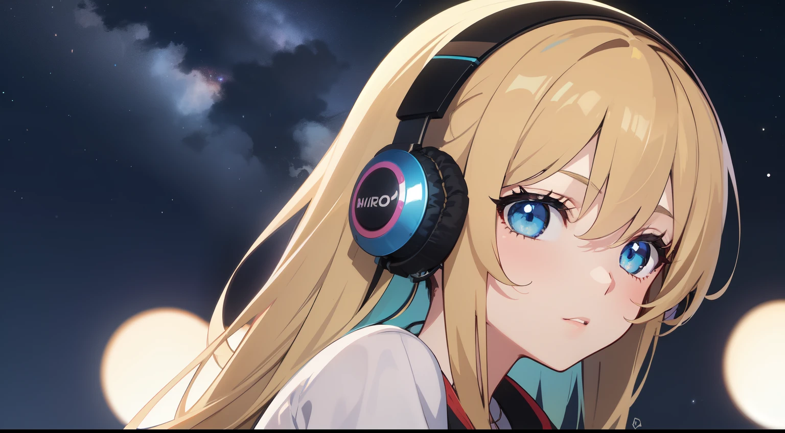 a girl with light blue eyes listening to music with headphones, quarto escuro, night many stars in the sky, Anime 2D, Anime Ultra 4K
