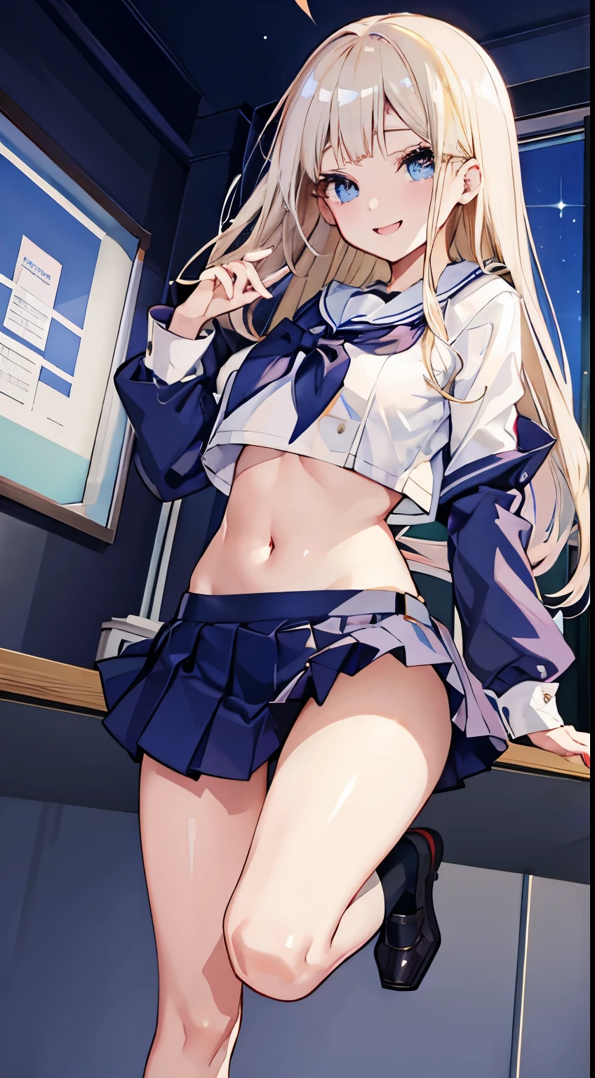 top-quality、realistic touch,high-detail、photoRealstic、thin-waist、captive beauty、big eye、solid platinum-blonde eyelashes、platinum-blonde、full body Esbian、Sparkling eyes、Submissive smile、Flushed cheeks、Kamimei、thin-waist、Voluptuous thighs、Enraptured look、Raked bangs、The forehead is protruding、In the classroom of  the school、Automatically selected hairstyle、Navel look、She is in estrus、a sailor suit、cocky expression、Colossal tits、Super short skirt with V-line visible、Angle from below、Lower breast