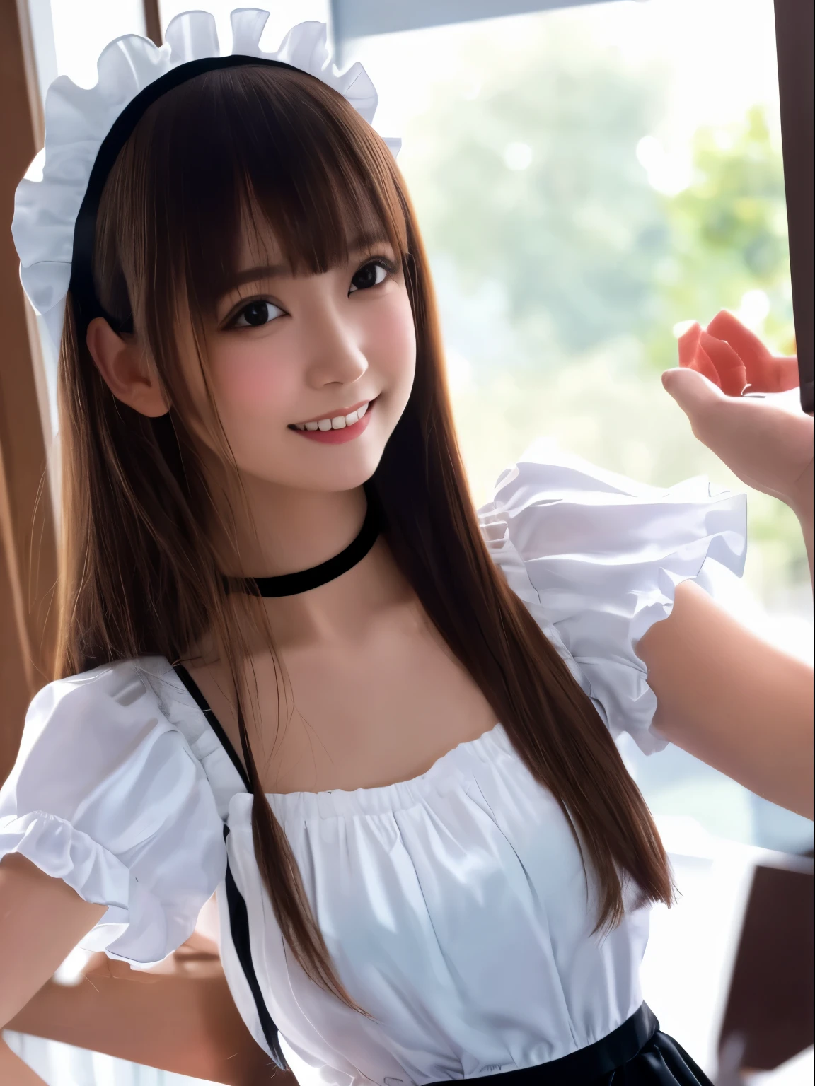 masterpiece, 1 girl per 1 photo, upper body shot, directly front view, a Japanese young pretty woman, wearing a short sleeve satin silky black cute maid costume in the cafe with a big smile, wearing a white frilled headband, a white frilled apron, a black choker, glamorous figure, hyper cute face, glossy lips, sweaty body, double eyelids in both eyes, Natural makeup, long eyelashes, shiny smooth light brown hair of long bob hair, asymmetrical bangs, tanned skin, central image, 8K resolution, high detail, detailed hairstyle, Detailed Face, spectacular cinematic lighting, octane rendering, vibrant, hyper realistic, perfect limbs, perfect anatomy