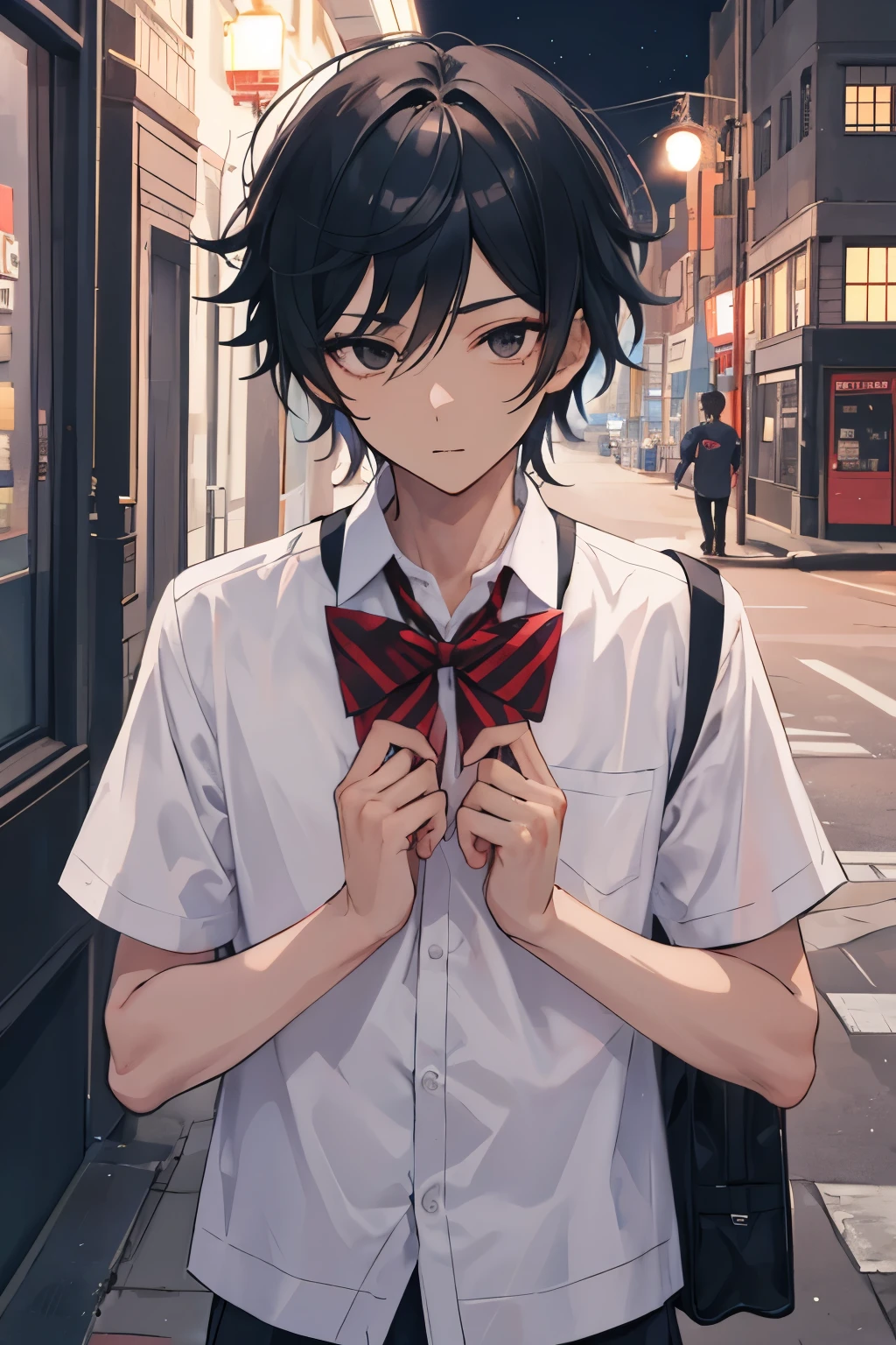1boy, black hair, schools uniforms, black eyes, brown skin,anime,genshin impact,night,street