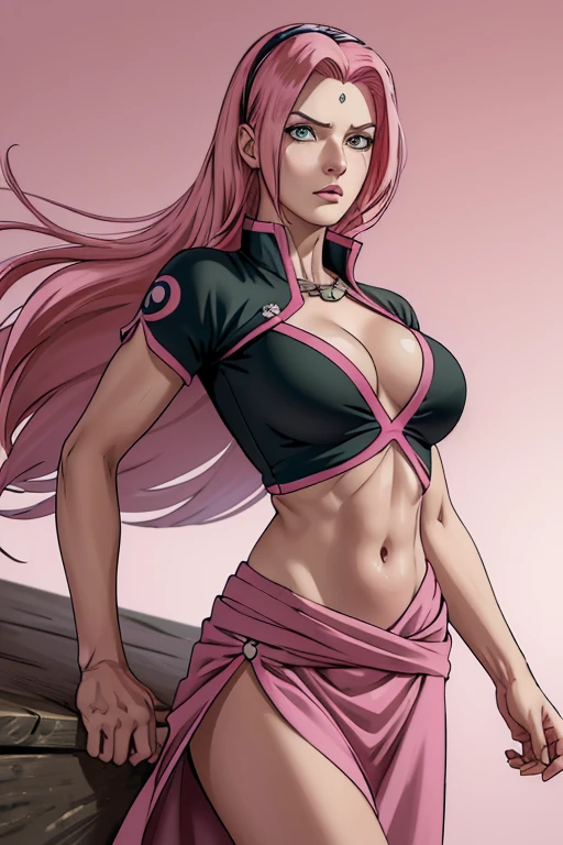 (((masterpiece+best quality+high resolution+ultra-detailed))), sakura\(boruto\), 1girl, solo,mature female, perfect composition, detailed lips, big breast, beautiful face, body propotion, blush, long silky pink hair, high nose, sharp eyes, noble and inviolable temperament, (([female]: 1.2 + [beauty]: 1.2 + pink long hair: 1.2)), egypt scriptures background, (one piece), collared jacket, crop top, midriff, navel, sarong, short sleeves, eyewear on head, hair slicked back, plunging neckline, cowboy shot, green eyes, dynamic angle and posture, realistic face and body.