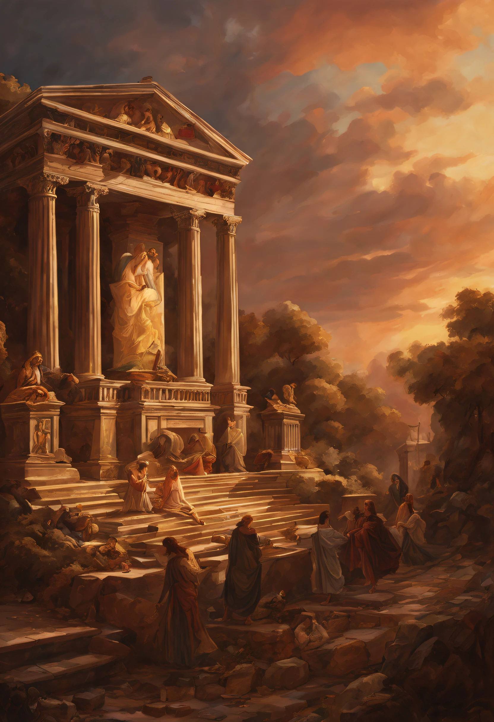 An atmospheric depiction of the Temple of Vesta, with a central focus on the eternal flame, casting shadows on the young priestesses as they carry out their sacred duties.