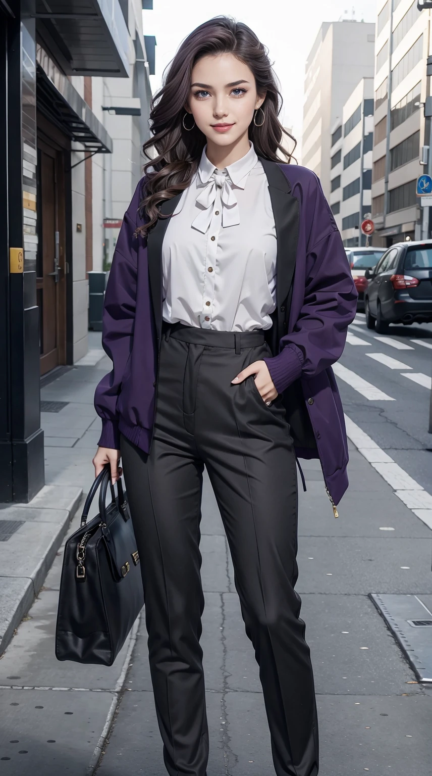 19-year-old woman、Hair color is a gradation of brunette and purple、Eye color is blue、Longhaire、hair is wavy、tie your hair with a ribbon、wearing eye shadow and lipstick、Slender but well-proportioned muscular body、a smile、huge tit、is wearing  jacket、Wearing slacks、I'm wearing high heels、I have a handbag、a smile