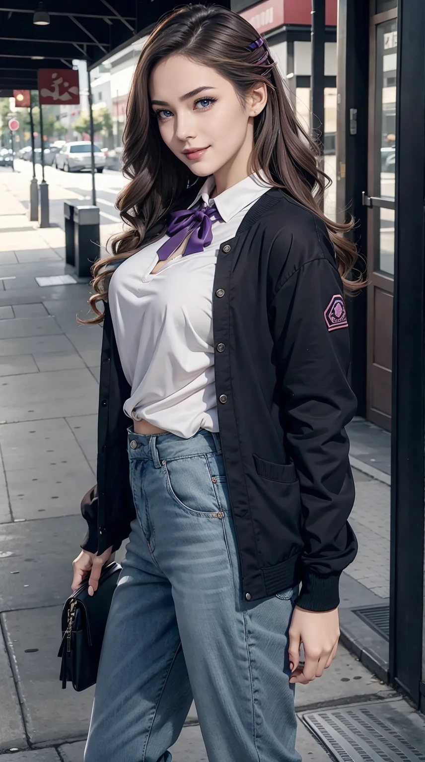 19-year-old woman、Hair color is a gradation of brunette and purple、Eye color is blue、Longhaire、hair is wavy、tie your hair with a ribbon、wearing eye shadow and lipstick、Slender but well-proportioned muscular body、a smile、huge tit、is wearing jacket、Wearing slacks、I'm wearing high heels、I have a handbag、a smile