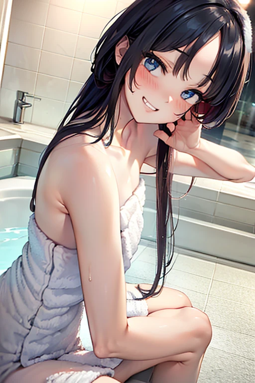 Highest Quality, masterpiece, unbelievably beautiful, very delicate 8k wallpaper, Transcendently Beautiful Girl, (beautifully detailed eyes),long hair, Black hair, BREAK, Flat_Chest, Huge_breasts, wide_lower back, grin, long eyelashes, makeup, BREAK, (Five Fingers, 4fingers and 1thumb), sitting, (no clothes), BREAK, (bathroom, bathtub, large, bubble bath:1.3), naked, (soaking in the bath:1.3), (stretching arm:1.5), (blush:1.3), smile, (squinting eyes:1.3), humid, (Drawing a bathtub from the side:1.5), foam covered bathtub, Soak in the bathtub up to your chest, BREAK, (naked towel:1.4), (white towel:1.3), (fluffy towel:1.7), (cleavage:1.1), hands behind head, wet skin, wet hair, large breasts