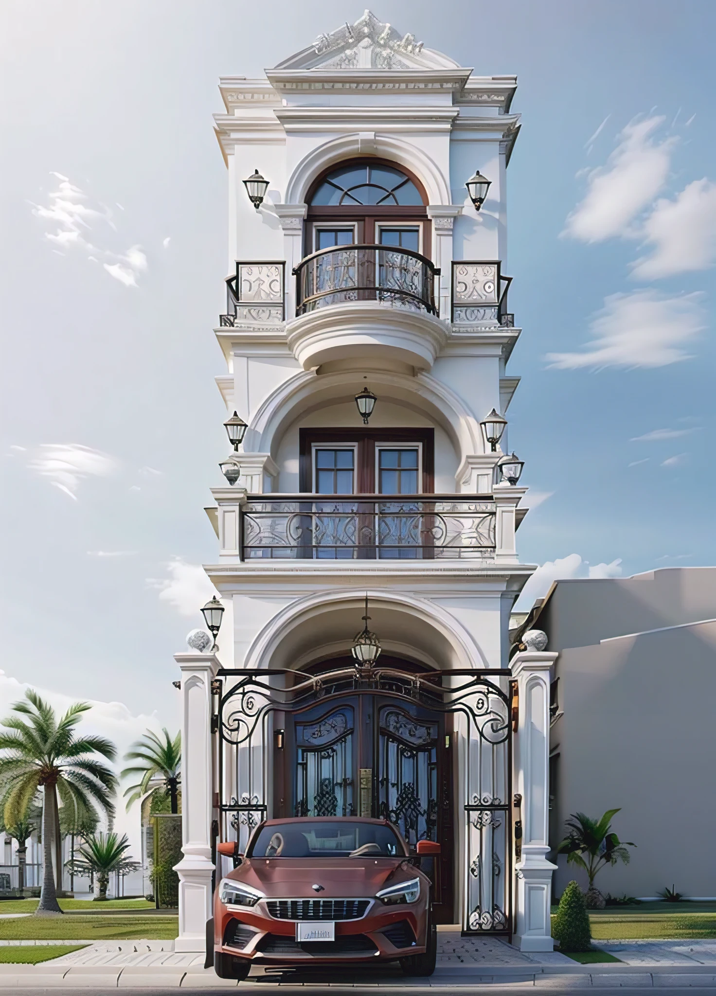 Architectural masterpiece, best quality, 16k image, classic architecture, white painted walls, car parked in front yard, arched door, artistic iron railing, arched door, wall lamp, best quality, detail most detailed, trees tropical,3d max rendering