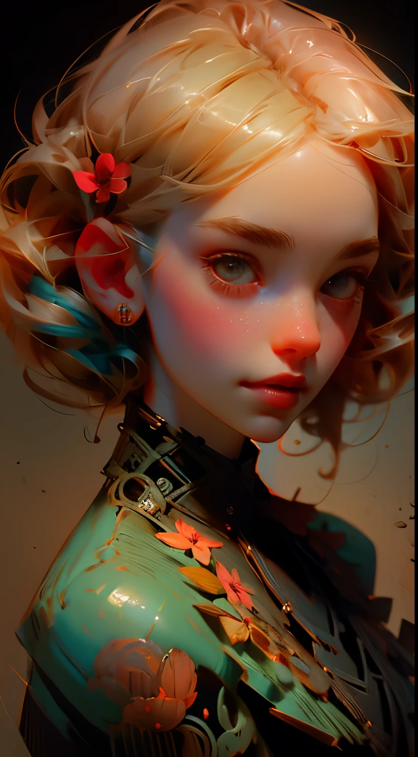 Charlie Bowater realistic Lithography sketch portrait of a woman, flowers, [gears], pipes, dieselpunk, multi-colored ribbons, old  texture, highly detailed