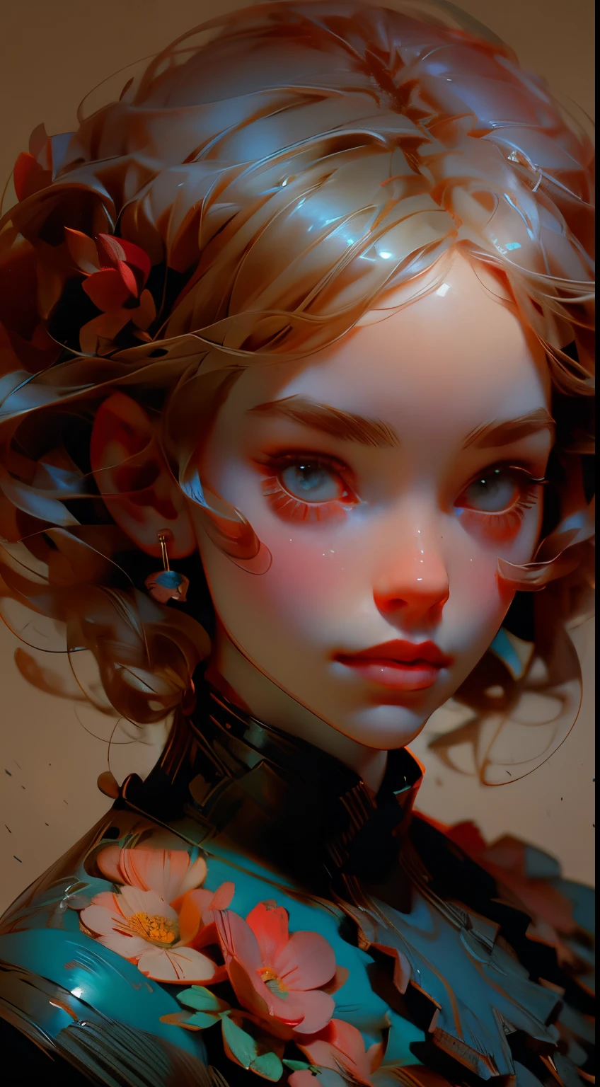 Charlie Bowater realistic Lithography sketch portrait of a woman, flowers, [gears], pipes, dieselpunk, multi-colored ribbons, old  texture, highly detailed