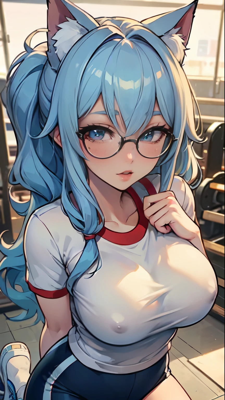 Nsfw, Masterpiece, beautiful art, professional artist, 8k, art style by sciamano240, very detailed face, detailed hair, detailed clothes, detailed fabric, 1girl, perfectly drawn body, beautiful face, long tied up hair, light blue hair , very detailed blue cat eyes, wearing gym clothes , wearing sneakers, glasses, rosey cheeks, track and field setting, model headshot , zoom in face, show details in eyes, upclose view, looking at viewer, cute expression,