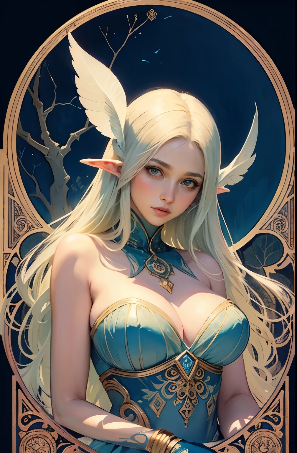 ((masterpiece)), (best quality), (cinematic), A mature sexy woman with large breasts, big eyes, long thick eyelashes, pale skin, full lips, green eyes, long thick hair, surrounded by various mysterious and fantastical creatures. The woman is dressed sexy in a dark blue dress. There are two white creatures with large eyes and pointed ears, resembling elves or fairies. A blue bird with long tail feathers sits on the shoulder of the central woman . Two dark shadowy figures with cut-out eye holes seem to be looming behind the central woman. A bare tree branch extends from behind the figure, its leaves appearing to be falling or wilting. The entire scene is adorned by a beautifully decorated oval frame, featuring intricate designs and patterns in the style of Alphonse Mucha. watercolor illustration