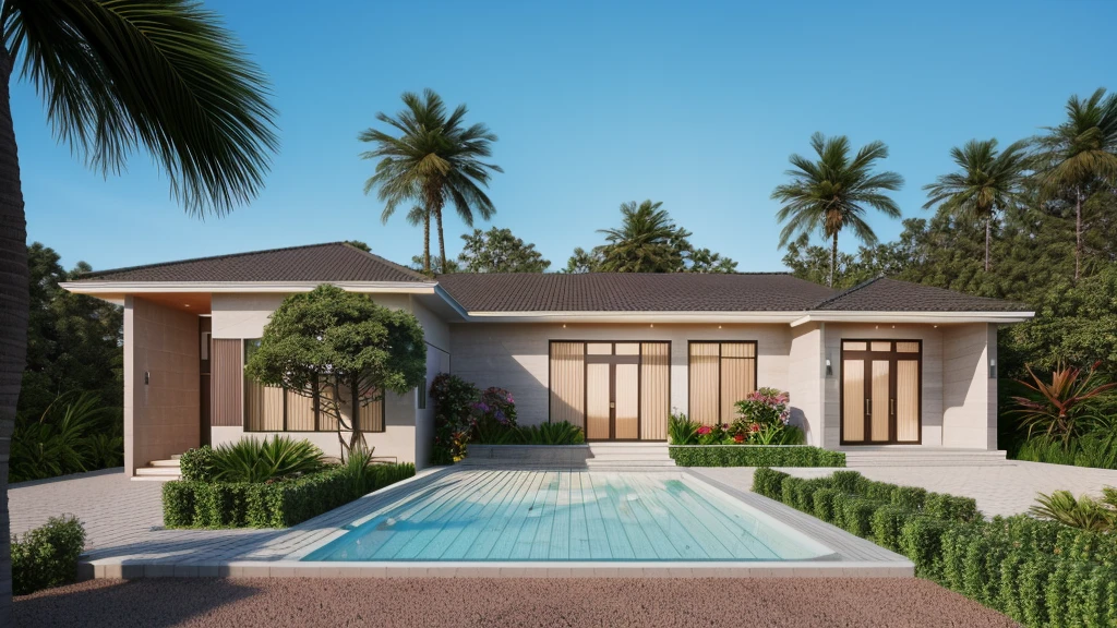 Modern villa, with swimming pool in front of the house, surrounding trees, masterpiece, photos taken by professional camera (realistic photo), super detailed, (hyper detail, extremely detail, supper detail), rendered by vray 2023 , 8k rendering, impressive design, sunset light, warm light from inside the house (warm light from indoor), Aerial View