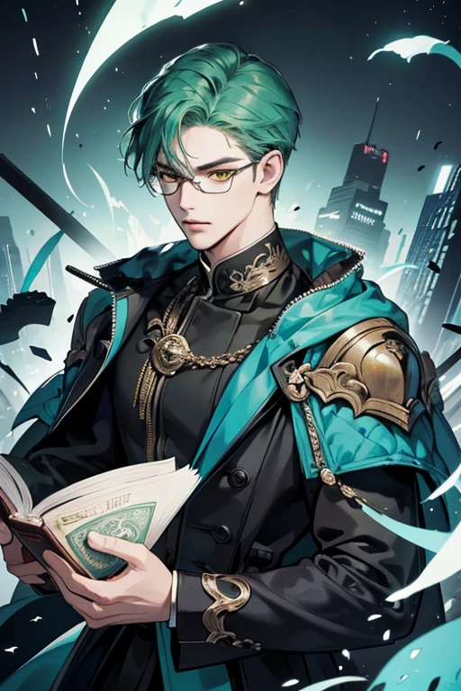 (best quality Detailed images, beautiful 8K images, incredible light, lifelike 1:1) (Digital illustration of digital art) (The camera focuses on the face.) (cool colors, dim light) Art Manhwa, a 29 year old man, very handsome, green hair, black clothes, yellow eyes, wears glasses. (Reading a book, cold expression, perfect face perfect lines) Walking in a chaotic dystopian atmosphere