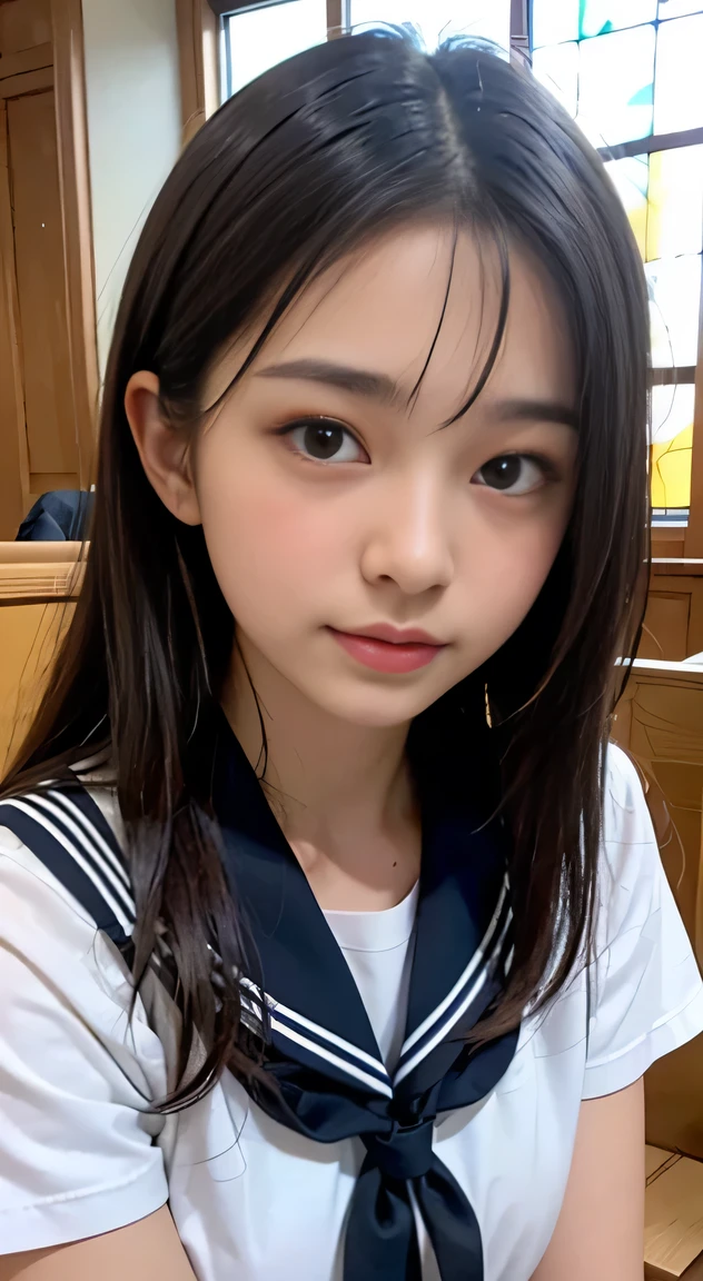 (((Draw only one woman: 2))), Beautiful 18 year old Japan woman, (A high school girl wearing a sailor uniform with short sleeves and a ribbon: 1.5), (Japan strict girls' school sailor uniform), ( High school girl sitting on a pew in church: 1.2), (Beautiful and elaborate stained glass on the background: 1.5), ((1screen)), in 8K, RAW shot, top quality photo, masutepiece, Amazing realism photos, (lighting like a movie:1.5), ((Anatomically correct proportions: 1.5)), ((perfectly proportions)), Cute woman like an idol in Japan, Detailed face, Detailed eyes, Narrow Nose, Detailed skin, (Beautiful long hair: 1.5), (Transparent bangs:1.5), ((portlate:1.8)), ((facial close-up:1.5)), (ssmile:1.2)