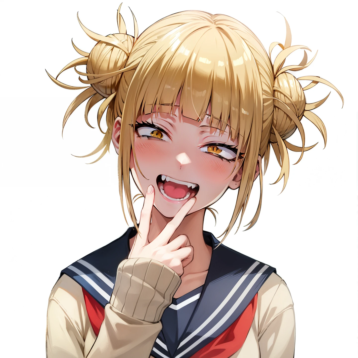 animemanga girl with blonde hair and blue and white uniform  a gesture, with index finger, Anime cute art style, Shikami, [[[[Laugh terrily]]]], (animemanga girl), cute anime face, anime grandma, Gaimoyedre, change, Anime visuals of a cute girl, Kim Moza!, Guang Huili