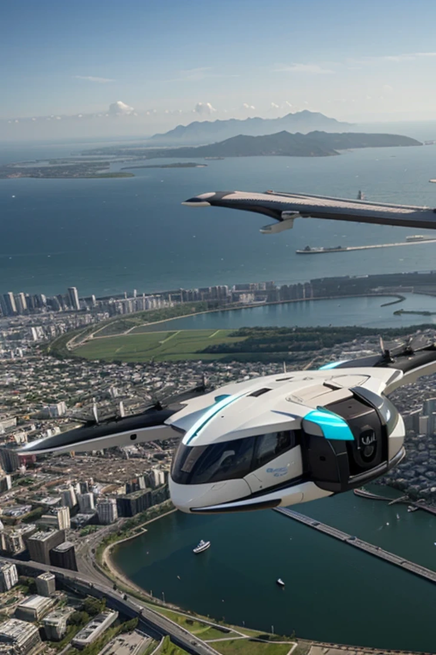 evtol realista futurista sobrevoando uma cidade