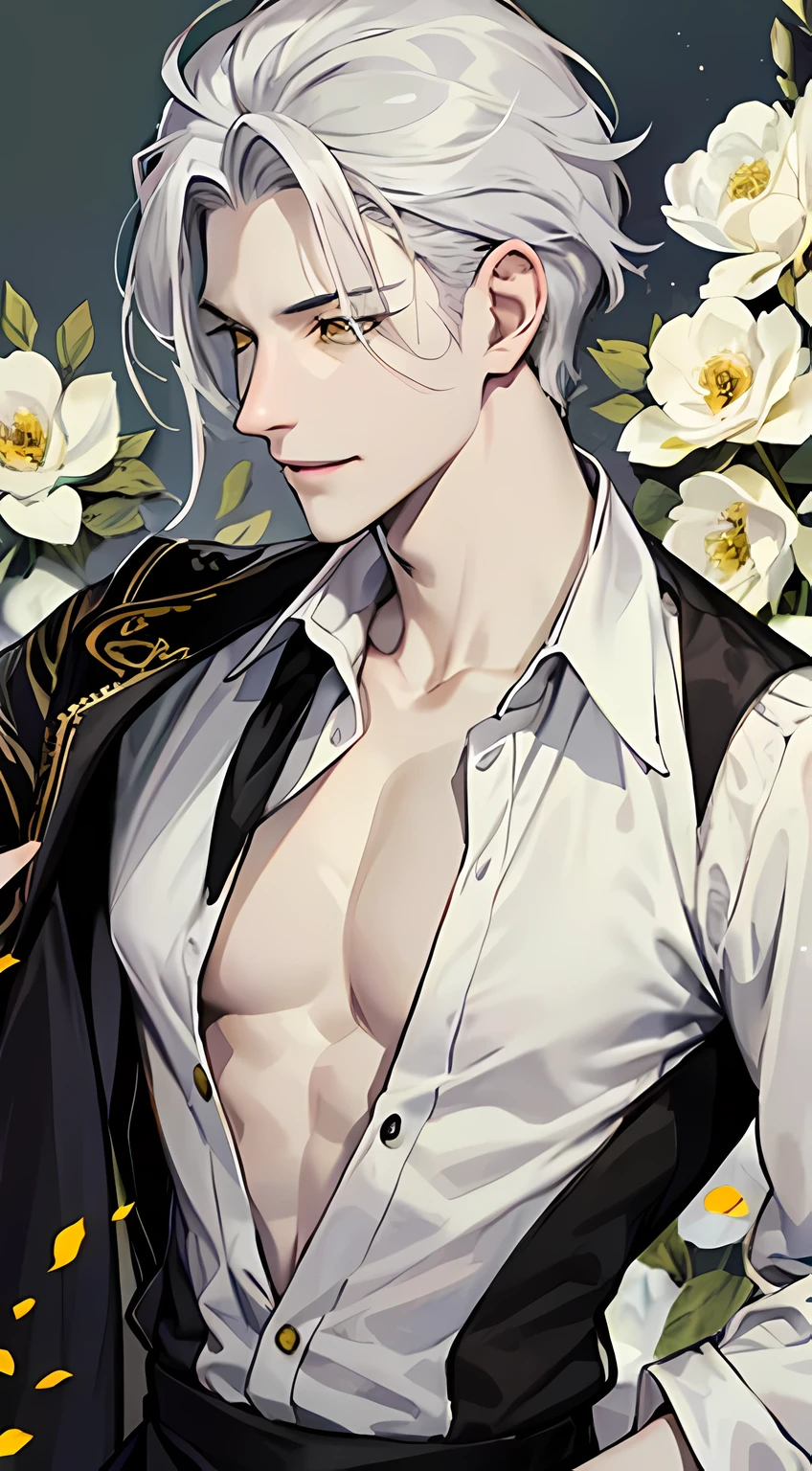 1 male, 48 years old, pale skin, Silver hair, Dishevelled, Yellow eyes, amber eyes, black and gray clothes, half-unbuttoned shirt, Flowers, Potions, mage, herbalist, Maniac smile