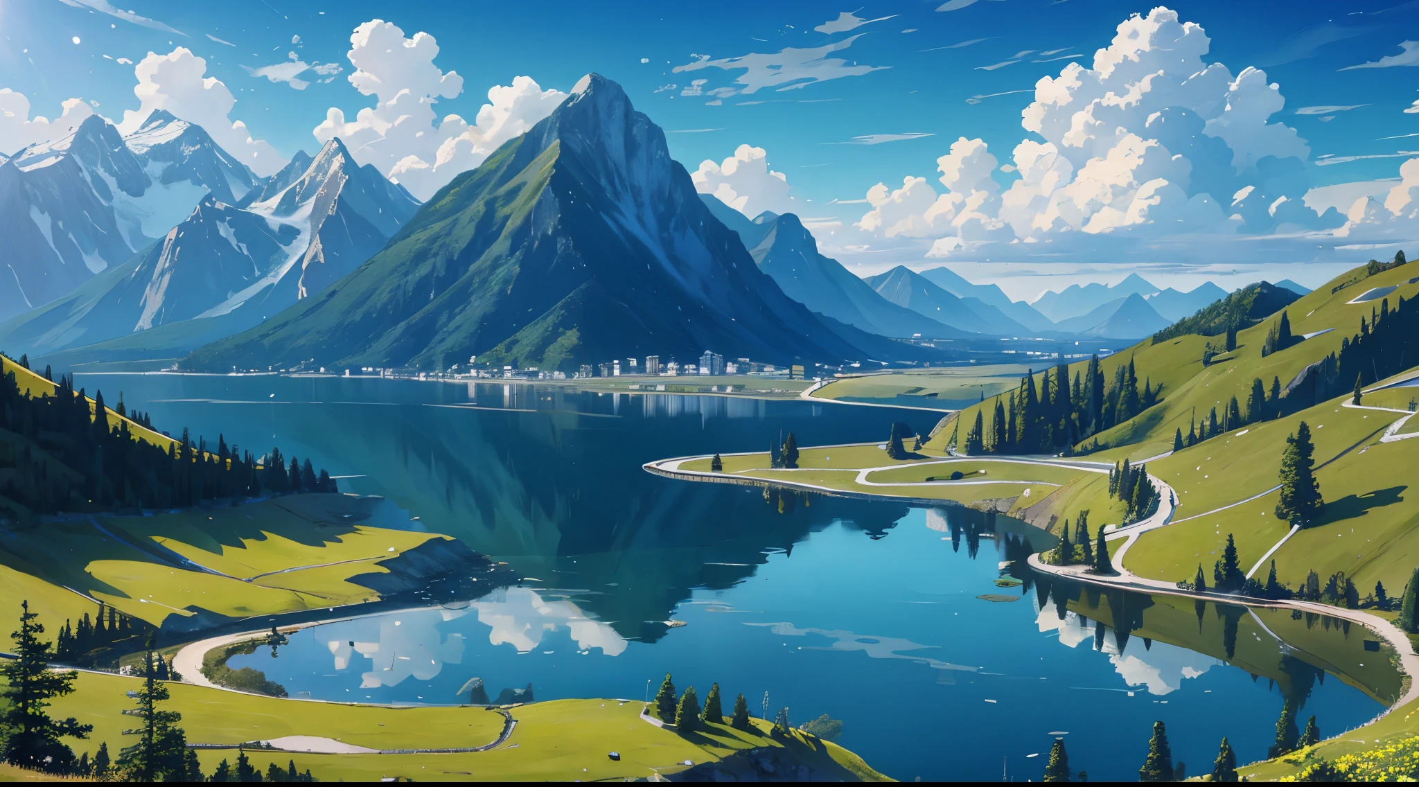 tmasterpiece， best qualtiy， 8k， absurderes， waterface， 夏天， mid day， rays of sunshine， blue-sky， ssee-through， depth of fields， A high resolution， finedetail， ultra - detailed， A clear focus of tranquility A lake beats with the sun，A man stands on a leaf，The following elements are highlighted： The lake should be depicted in a calm and clear manner，反射rays of sunshine。 The sun should be noticeable，Radiate light in the field。 The person should be placed on top of the leaf，Conveys a sense of balance and harmony with nature。 The environment around the lake may contain natural elements，Such as treelowers or mountains。 Use soft and harmonious colors to convey the tranquility of the scene。 Make sure the image is visually pleasing and conveys a sense of tranquility。