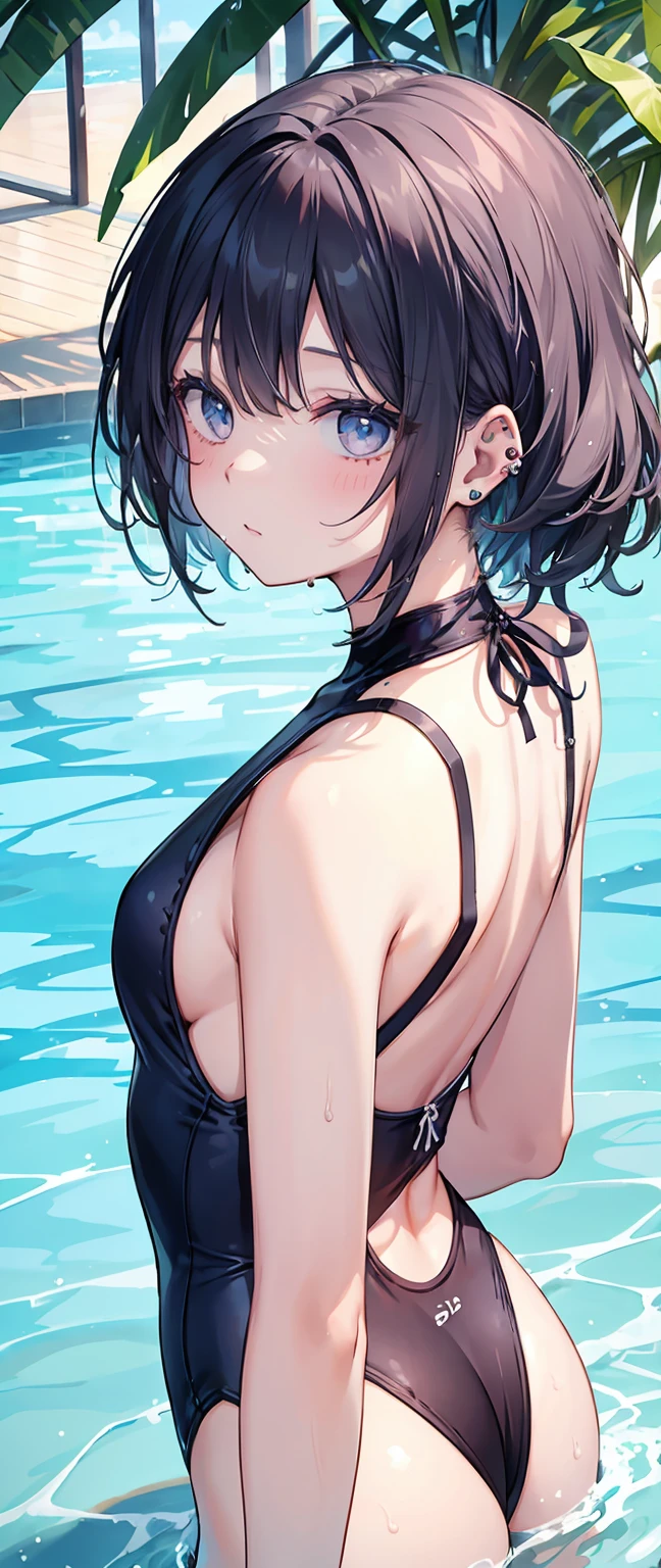 1 girl, watery big eyes*Su Jiushui*Wet hair*hair open*ear studs*swimmingpool>,, Low RA:Add to_the detail:1，One-piece swimsuit，flatchest，back